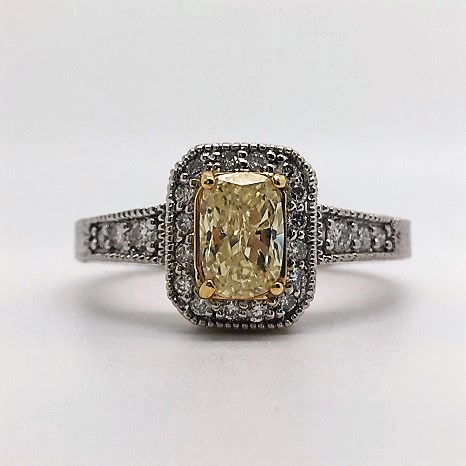 1.21 Carat Light Yellow Cushion-Cut Vintage Halo Diamond Engagement Ring in 18k White Gold